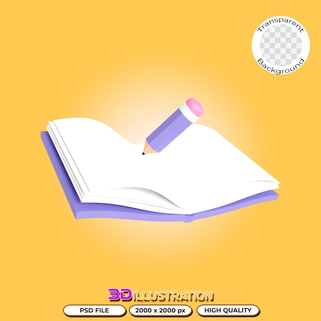 Livre 3D et illustration au crayon avec fond transparent