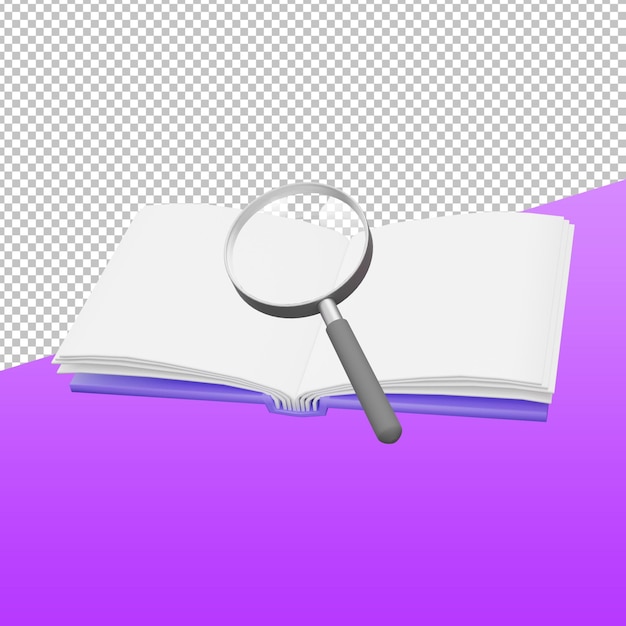 Livre 3D avec loupe, illustration de rendu 3D