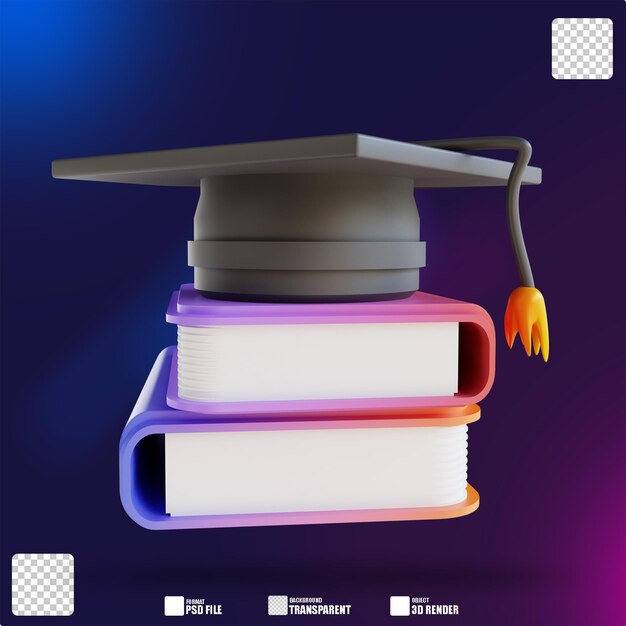 Livre et chapeau de graduation coloré illustration 3D