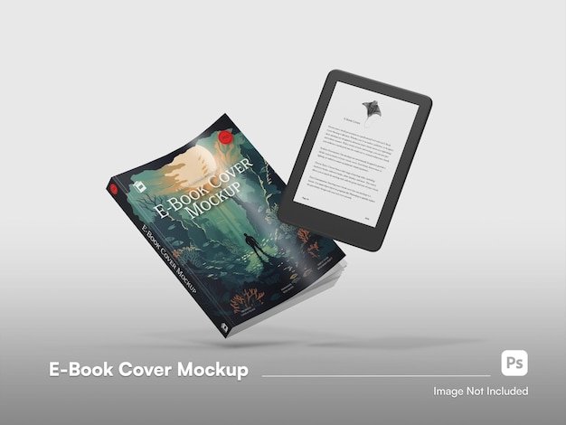 Le livre flottant réaliste et la tablette Ereader 3D Mockup isolé