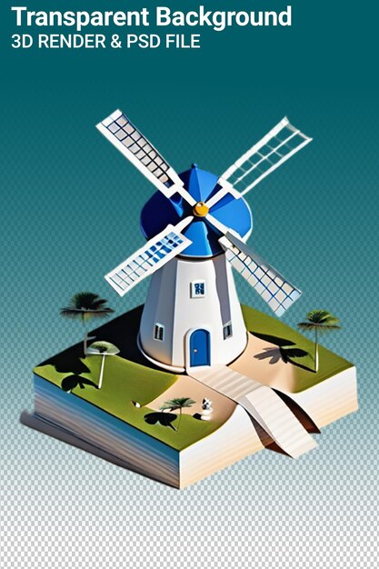 PSD un livre avec un moulin à vent bleu et blanc sur le dessus