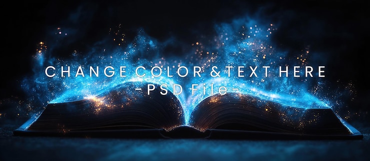 PSD un livre ouvert émettant une lumière magique bleue et des étincelles symbolisant la connaissance et l'imagination
