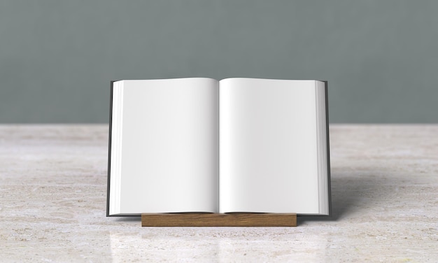 Livre ouvert et stand de livre Mock sur la table en marbre 3D à l'arrière-plan