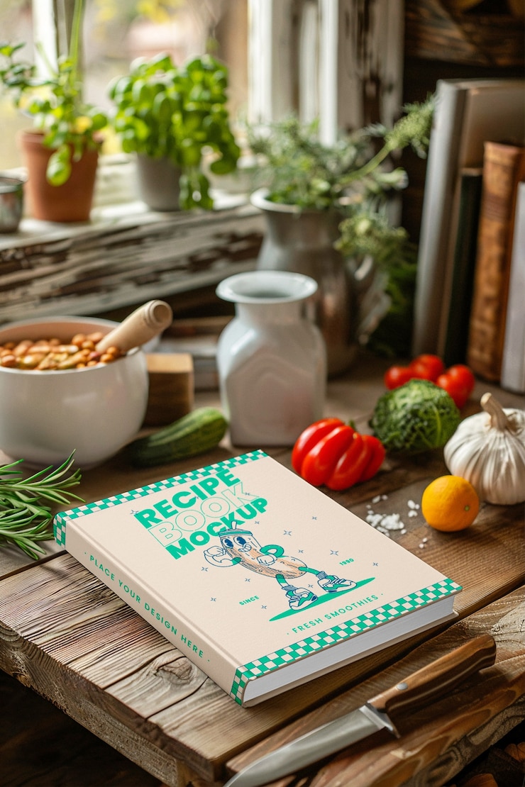 PSD livre de recettes dans une maquette de cuisine