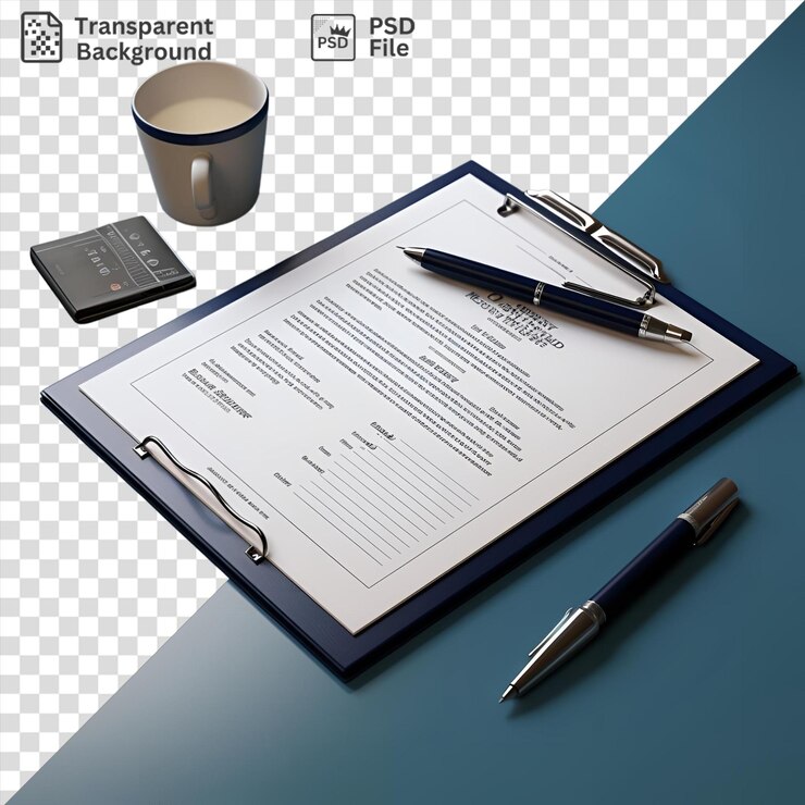 PSD livre et stylo sur une table bleue avec une tasse de café accompagnée d'un stylo argenté et noir et d'un stylo bleu et noir