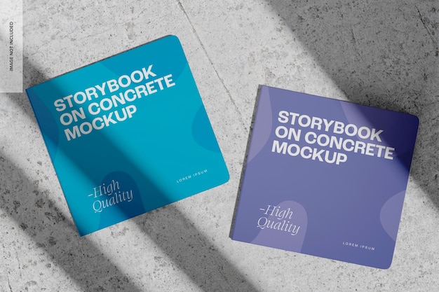 Livres d'histoires sur maquette en béton, vue de dessus