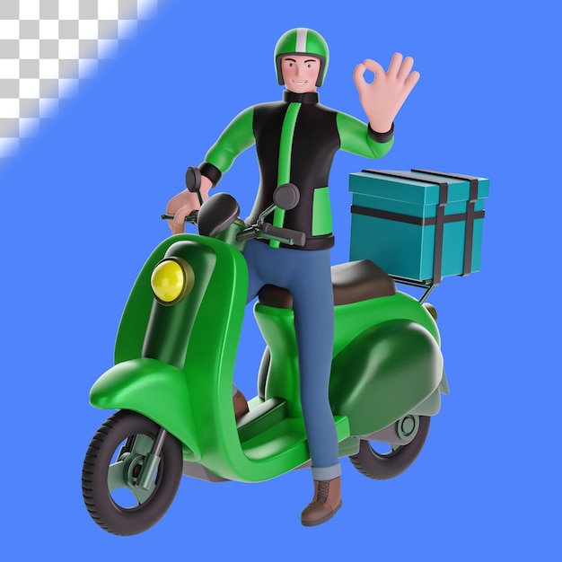 Livreur faisant un geste de signe de main OK en conduisant une moto avec une boîte de livraison