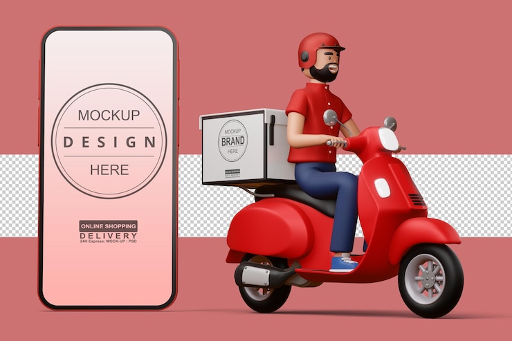 PSD livreur à moto avec boîte de livraison et gros téléphone en rendu 3d