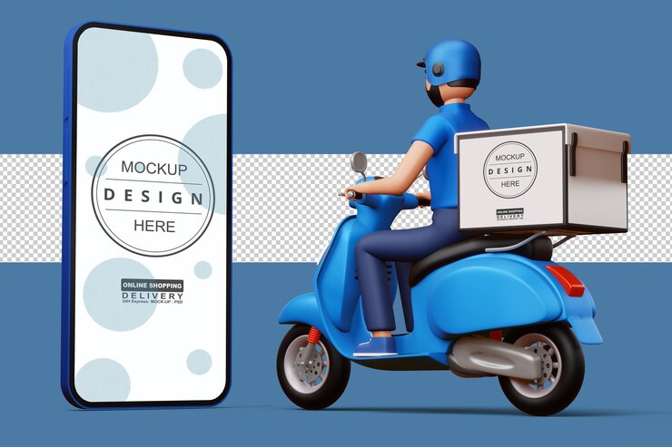 Livreur à moto avec boîte de livraison et gros téléphone en rendu 3d