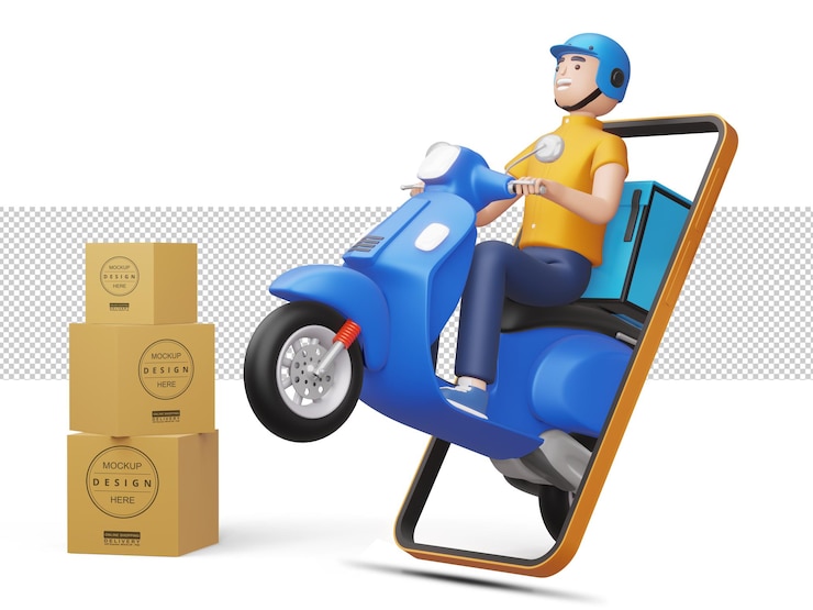 Livreur à moto sortir du téléphone avec boîte d'emballage en rendu 3D