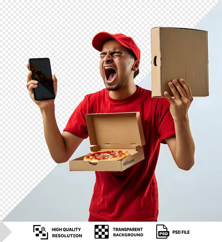 PSD un livreur en uniforme à casquette rouge tient une pizza et un smartphone en criant agressivement avec un geste expressif
