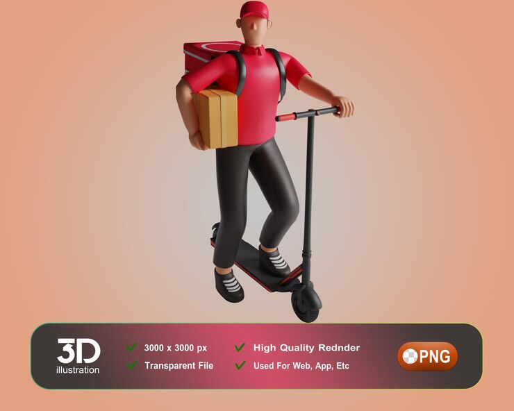 PSD livreur en uniforme rouge se tient avec le grand sac illustration 3d personnage de dessin animé