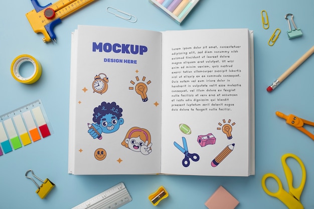 Livro aberto plano leigo e material escolar