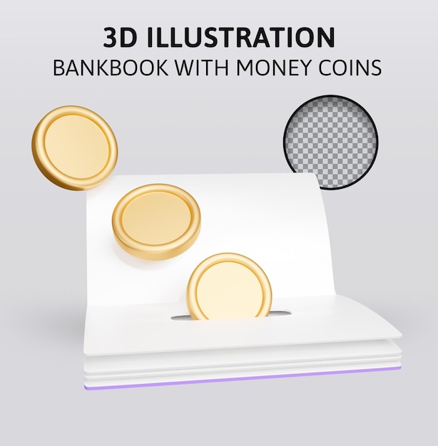 Livro bancário com moedas de dinheiro depósito ilustração de renderização 3d