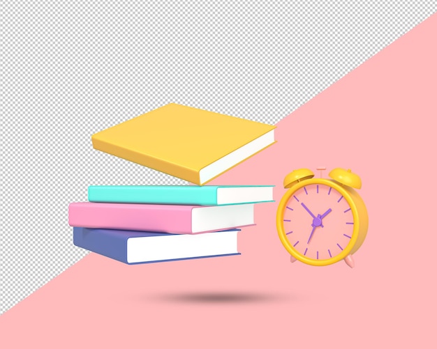 PSD livro com relógio no ícone 3d educação e símbolo de conceito de estudo 3d renderizado ilustração