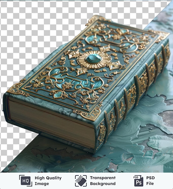 Livro de história islâmica transparente de alta qualidade para o ramadã exibido em uma mesa azul acompanhado de um desenho dourado