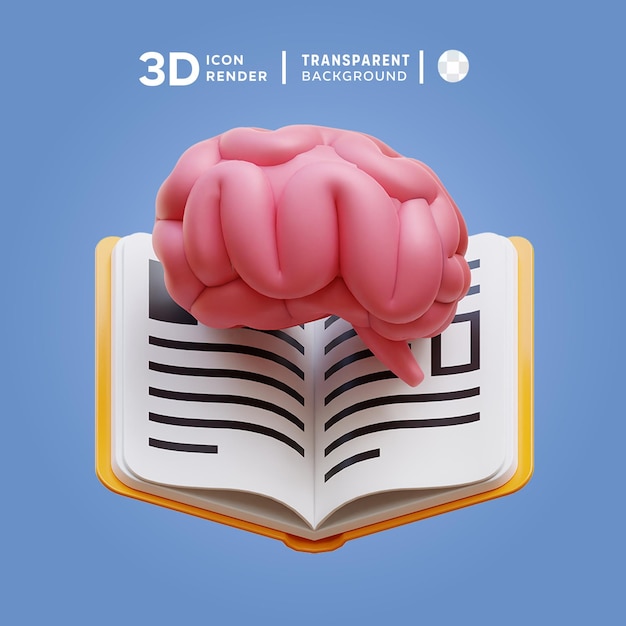 PSD livro de ícones 3d e ilustração cerebral