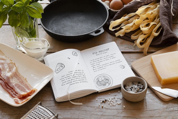 PSD livro de receitas e ingredientes de alto ângulo