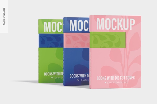 Livros com maquete de capa recortada, vista esquerda