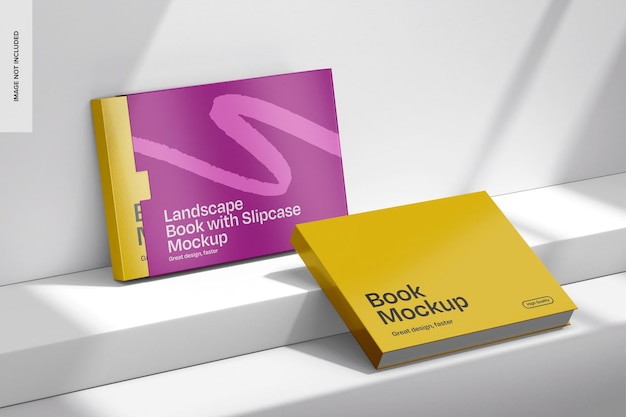 Livros de paisagem com Slipcase no pódio Mockup Vista esquerda