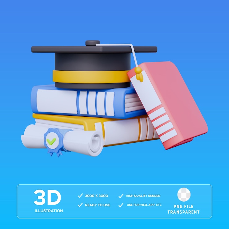 PSD livros e bonés de graduação 3d ilustração