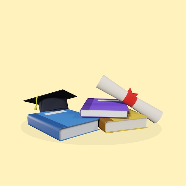 Livros espalhados com diploma e boné de formatura