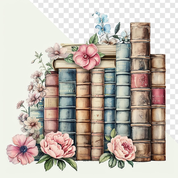 PSD livros vintage e flores ilustração vertical com cores pastel