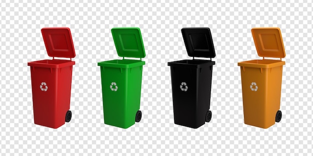 PSD lixeira de reciclagem realista com ilustração 3d de várias variações de cores