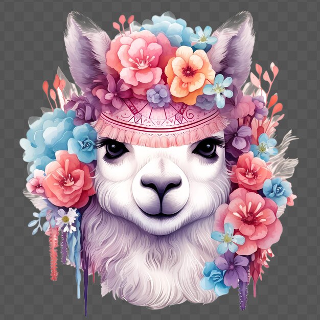 Una llama con flores en la cabeza y un sombrero