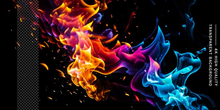 PSD llama de fuego colorida y humo sobre un fondo transparente