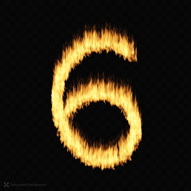Llama de fuego realista ardiendo brillante número 6 seis fuente