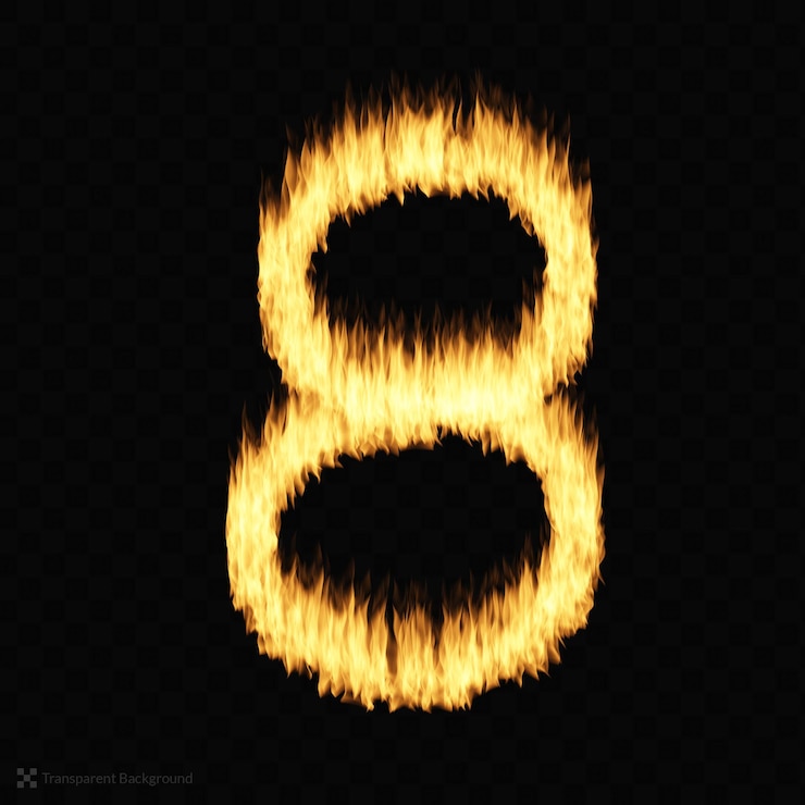PSD llama de fuego realista ardiendo fuente brillante número 8 ocho