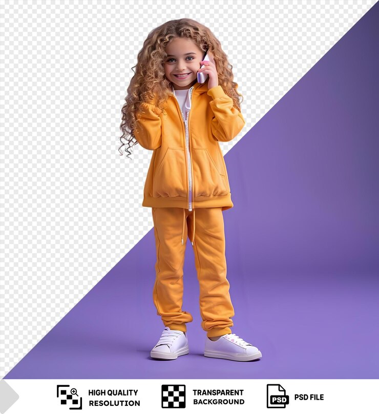PSD llamada telefónica a una niña con el cabello rizado con una chaqueta amarilla y pantalones png