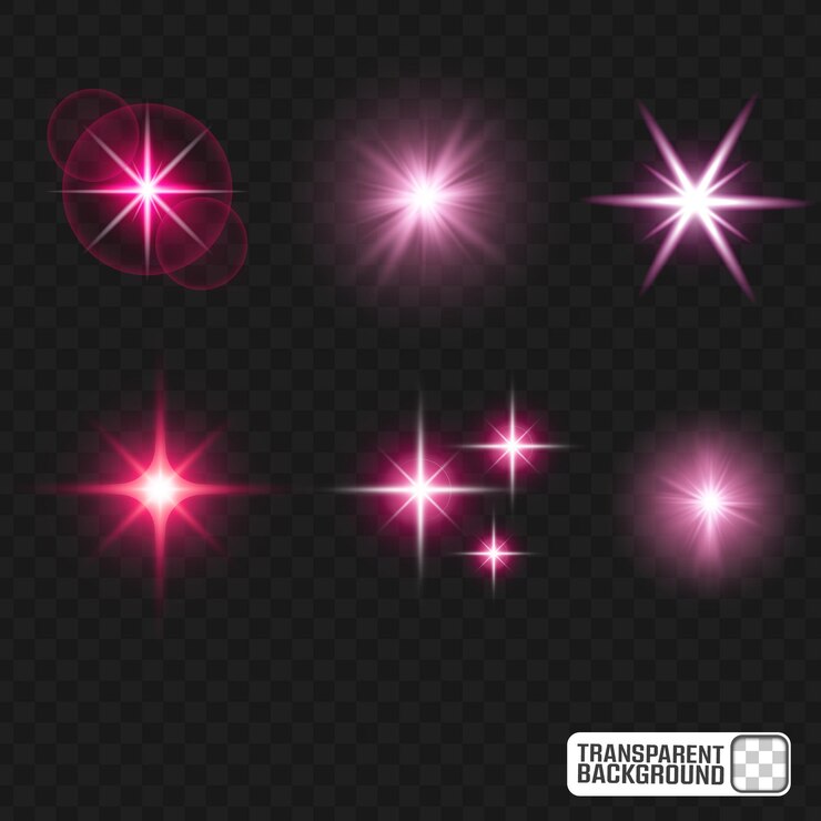 Las llamaradas de luz rosada efectos de brillo radiante estallido de estrellas brillantes en un fondo transparente