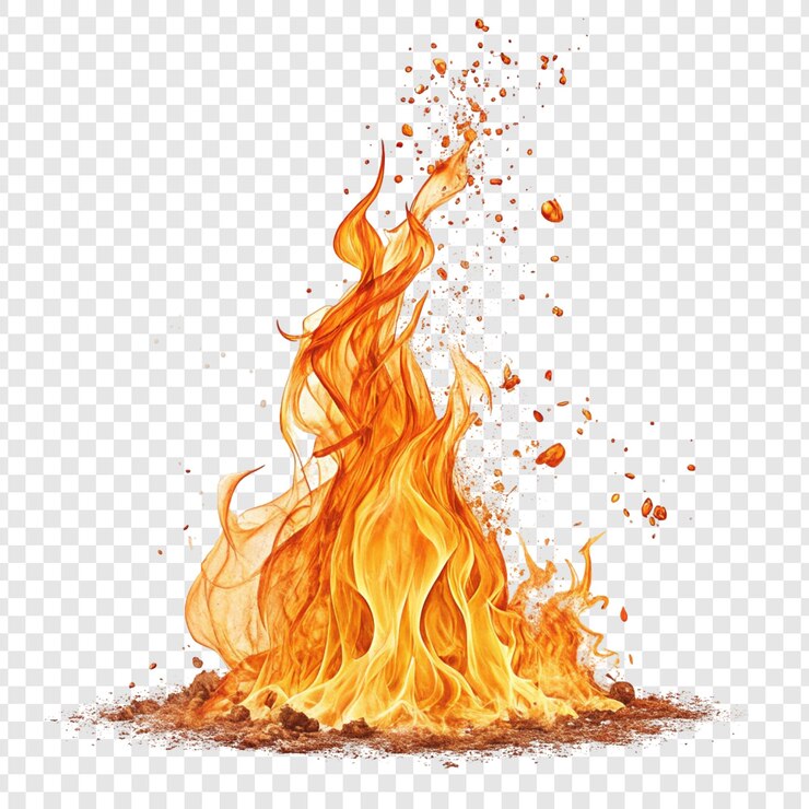 Llamas de fuego vibrante y brasas ardientes con fondo transparente