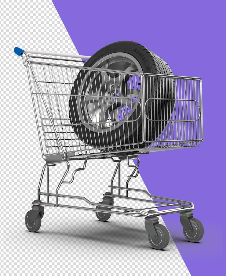 PSD llantas de coche en carrito de compras con sombra 3d render