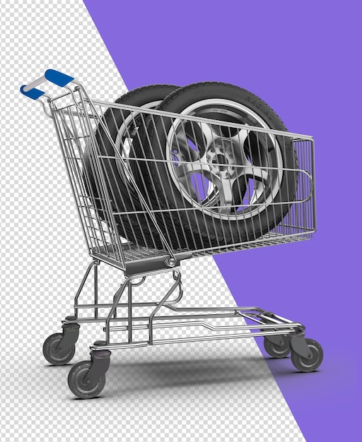 Llantas de coche en carrito de compras con sombra 3d render