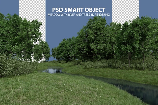 Llanura de hierba realista con río y árboles Representación 3d de objetos aislados
