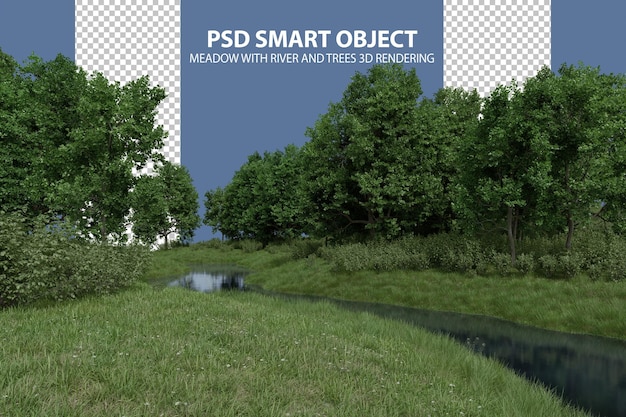 PSD llanura de hierba realista con río y árboles representación 3d de objetos aislados