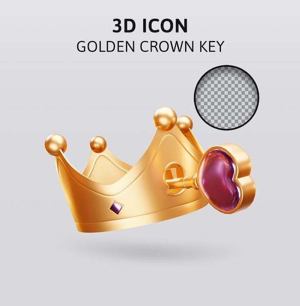 Llave de corona dorada con ilustración de renderizado 3d de corazón