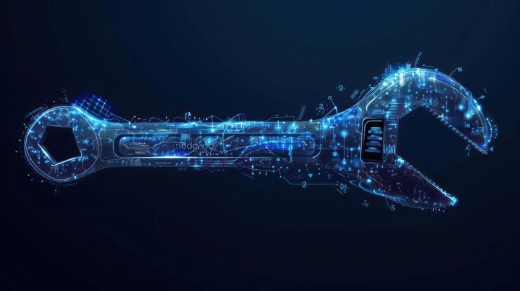 PSD una llave hecha de líneas y puntos azules brillantes en un fondo azul oscuro que simboliza el mantenimiento y la tecnología de reparación digital