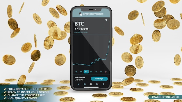 Lluvia de bitcoins con maqueta de teléfono móvil en renderizado 3D