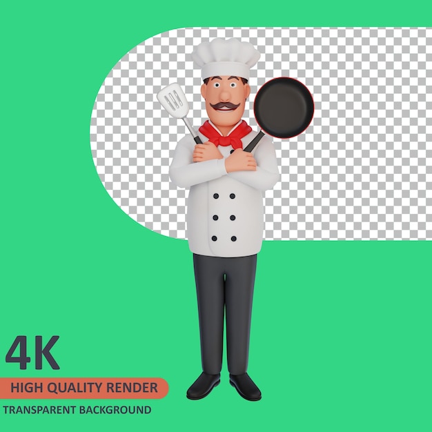 Lo chef è in piedi e tiene in mano gli utensili da cucina Rendering 3D della modellazione dei personaggi