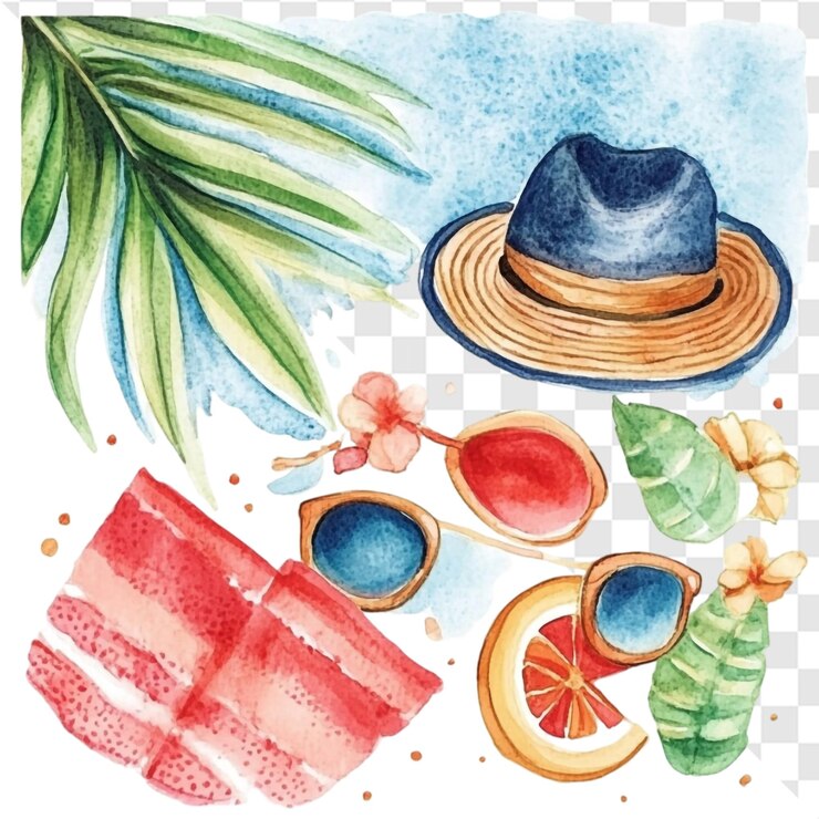 PSD lo esencial para las vacaciones de verano sombrero de playa gafas de sol toalla hojas tropicales vibraciones alegres