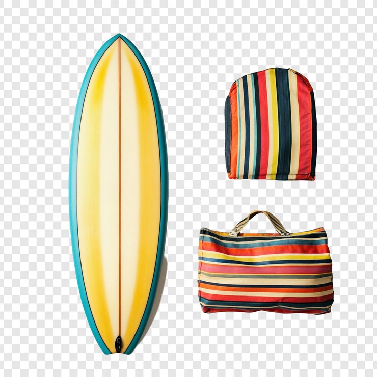 PSD lo esencial para un viaje de surf de verano tabla de surf bolsa de playa a rayas y mochila