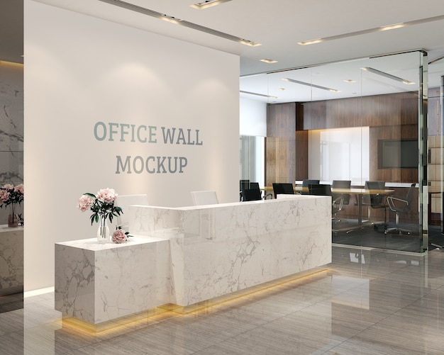 Lo spazio della reception ha un mockup a parete in stile semplice e moderno
