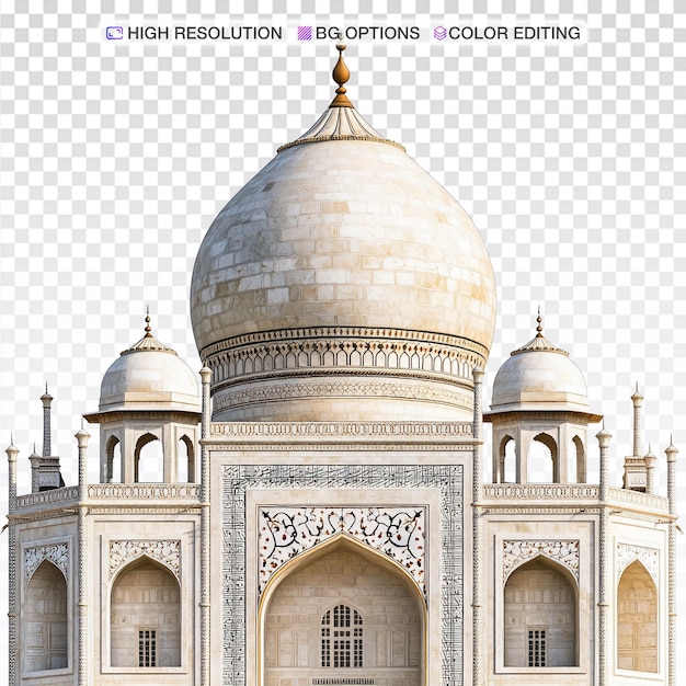 Lo stupendo primo piano della torre del Taj Mahal su uno sfondo bianco