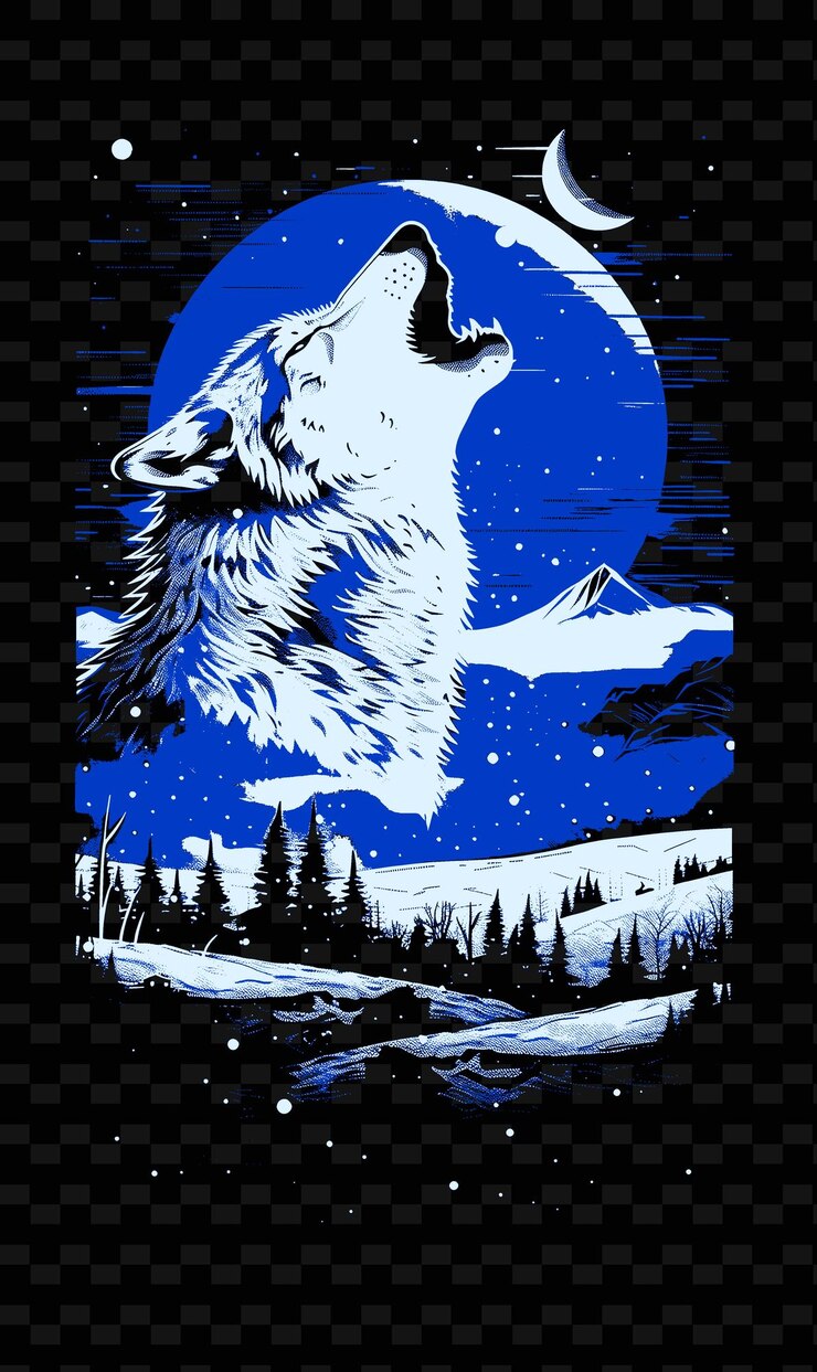 PSD un lobo aullando a una luna con un cielo nocturno azul y árboles