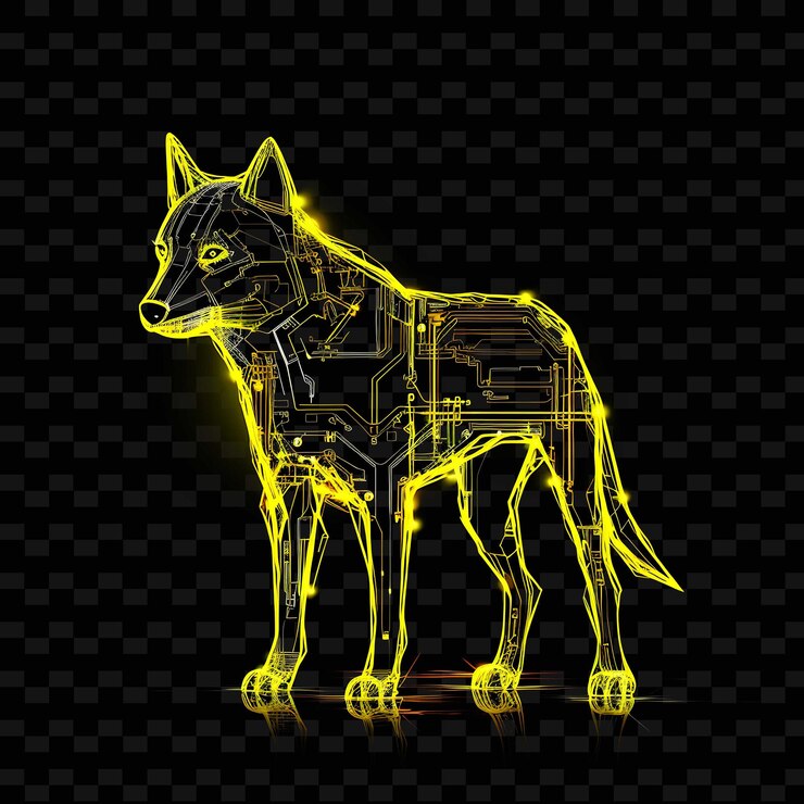 PSD lobo cibernético diseño límite líneas de neón estilo robótico w png y2k formas artes de luz transparente