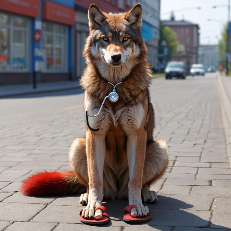 PSD un lobo con un cuello rojo está sentado en una acera